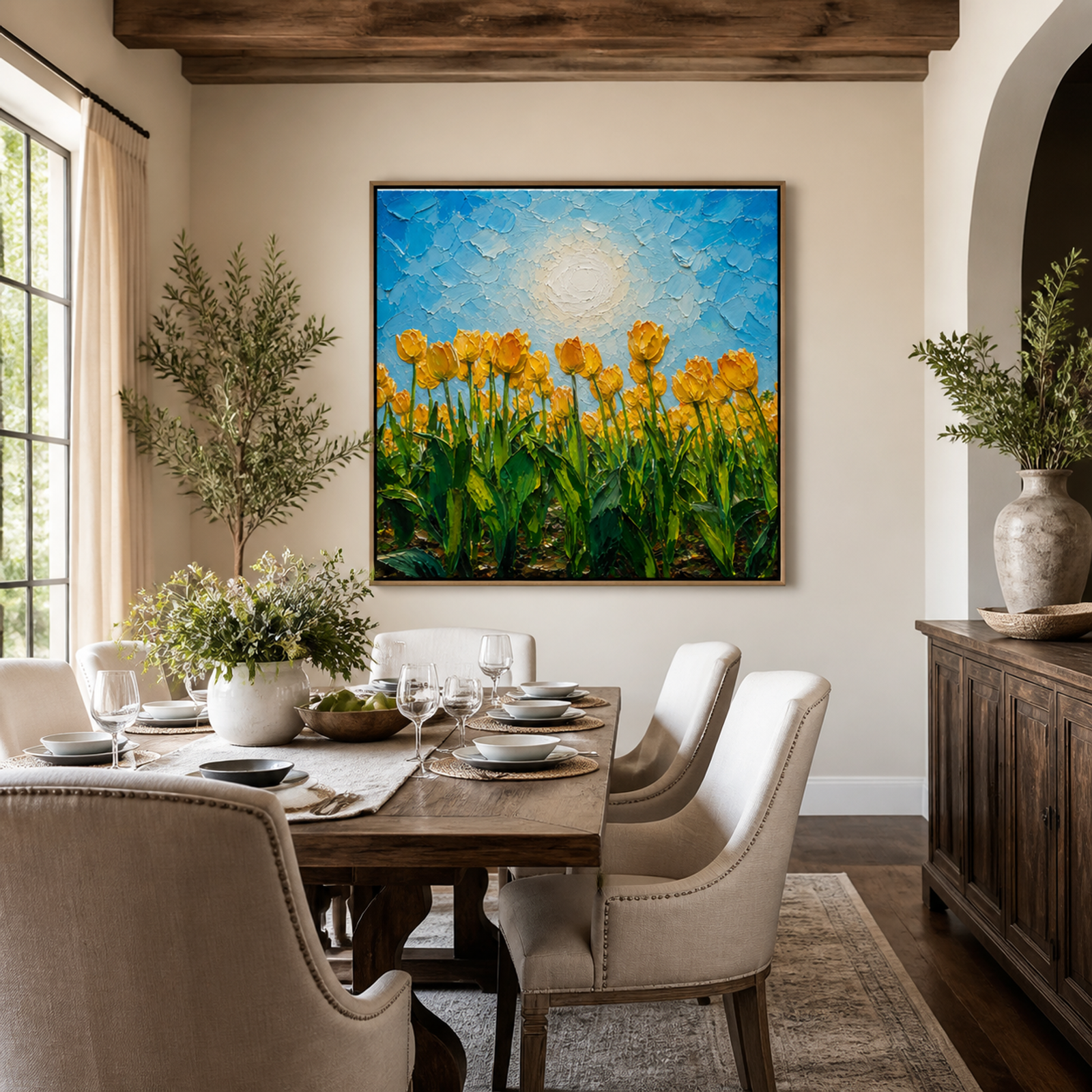 Sunlit Yellow Tulip Field