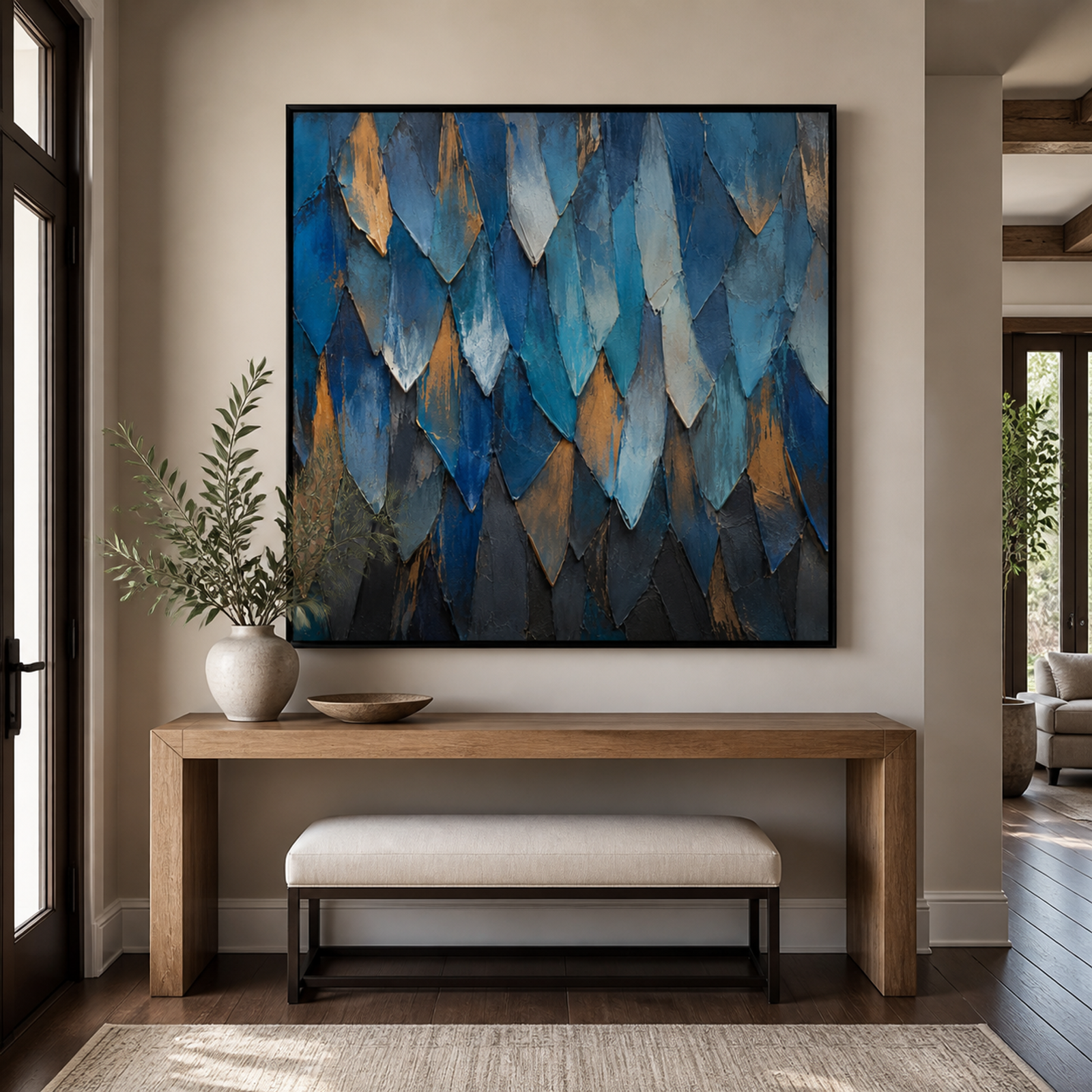 Gilded Blue Abstract Feathers