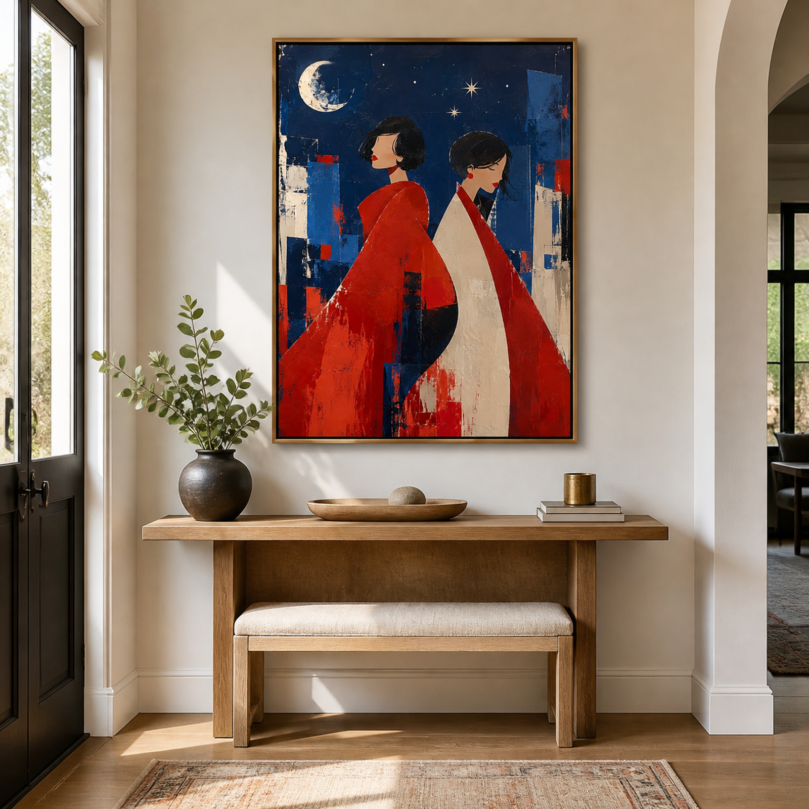 Moonlit Red Kimono Figures