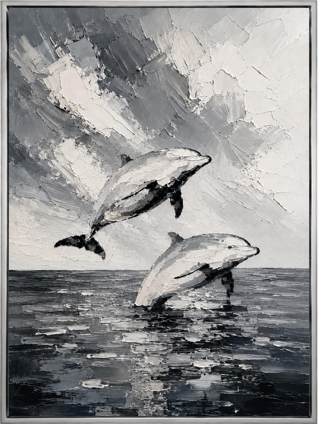 Dolphins Over Silver Sea