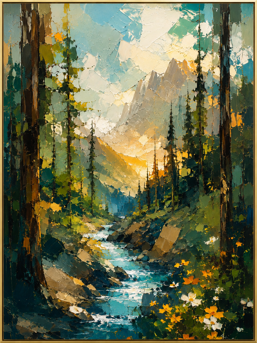 Sunlit Mountain Forest Stream