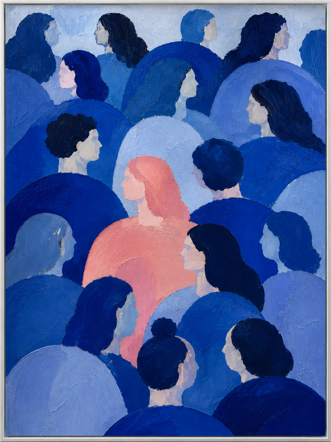 Pink Figure In Blue Crowd