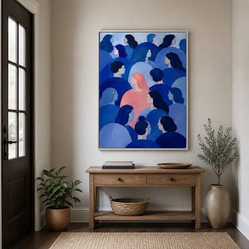 Pink Figure In Blue Crowd