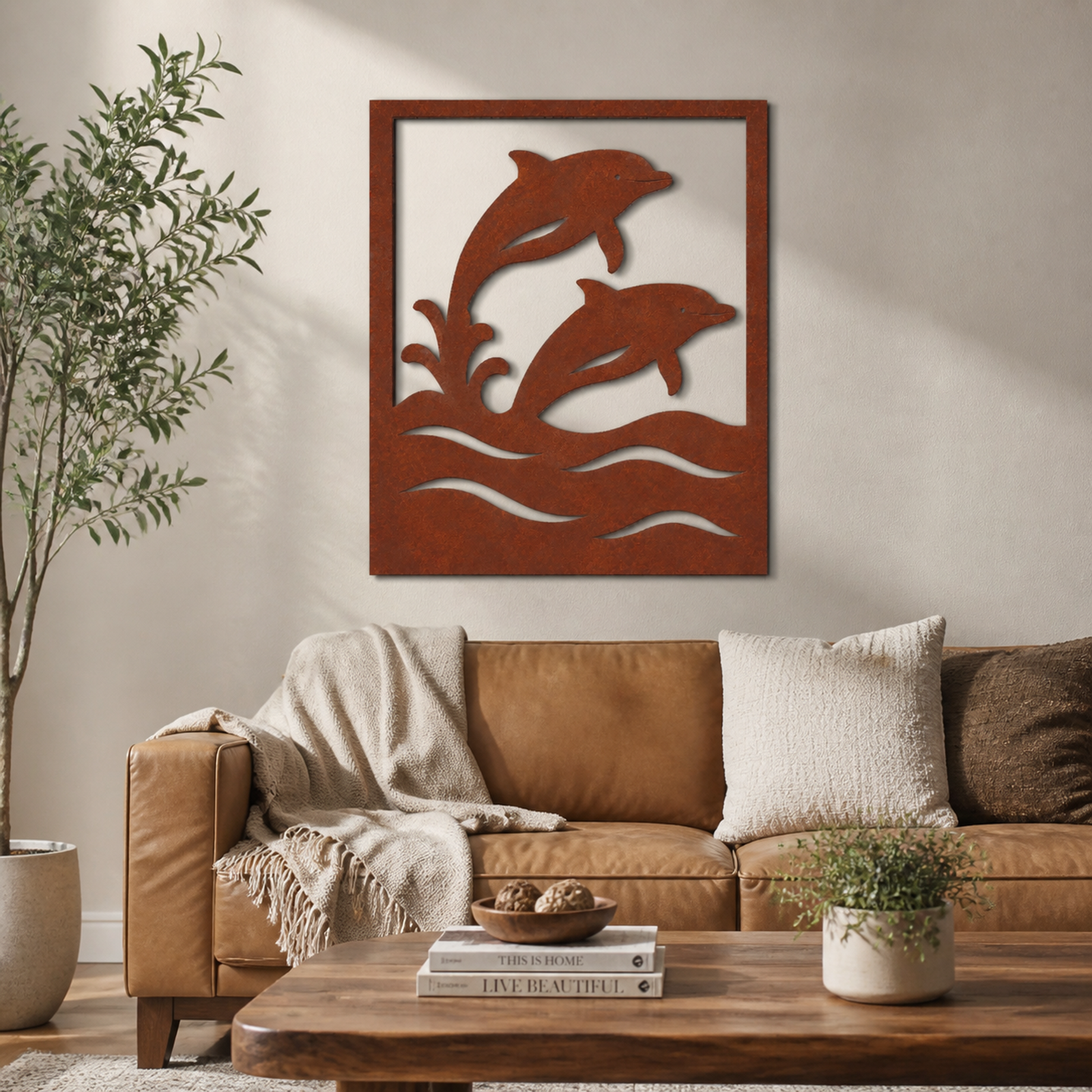 Dolphin Wave Portrait, Rust Patina