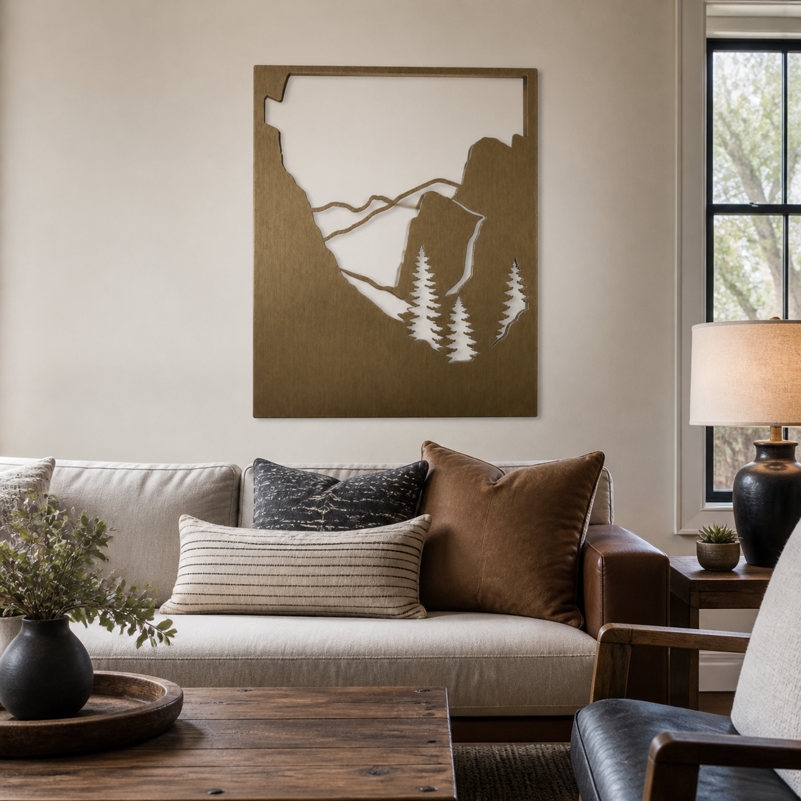 Rustic Mountain Forest Cutout, Bronze