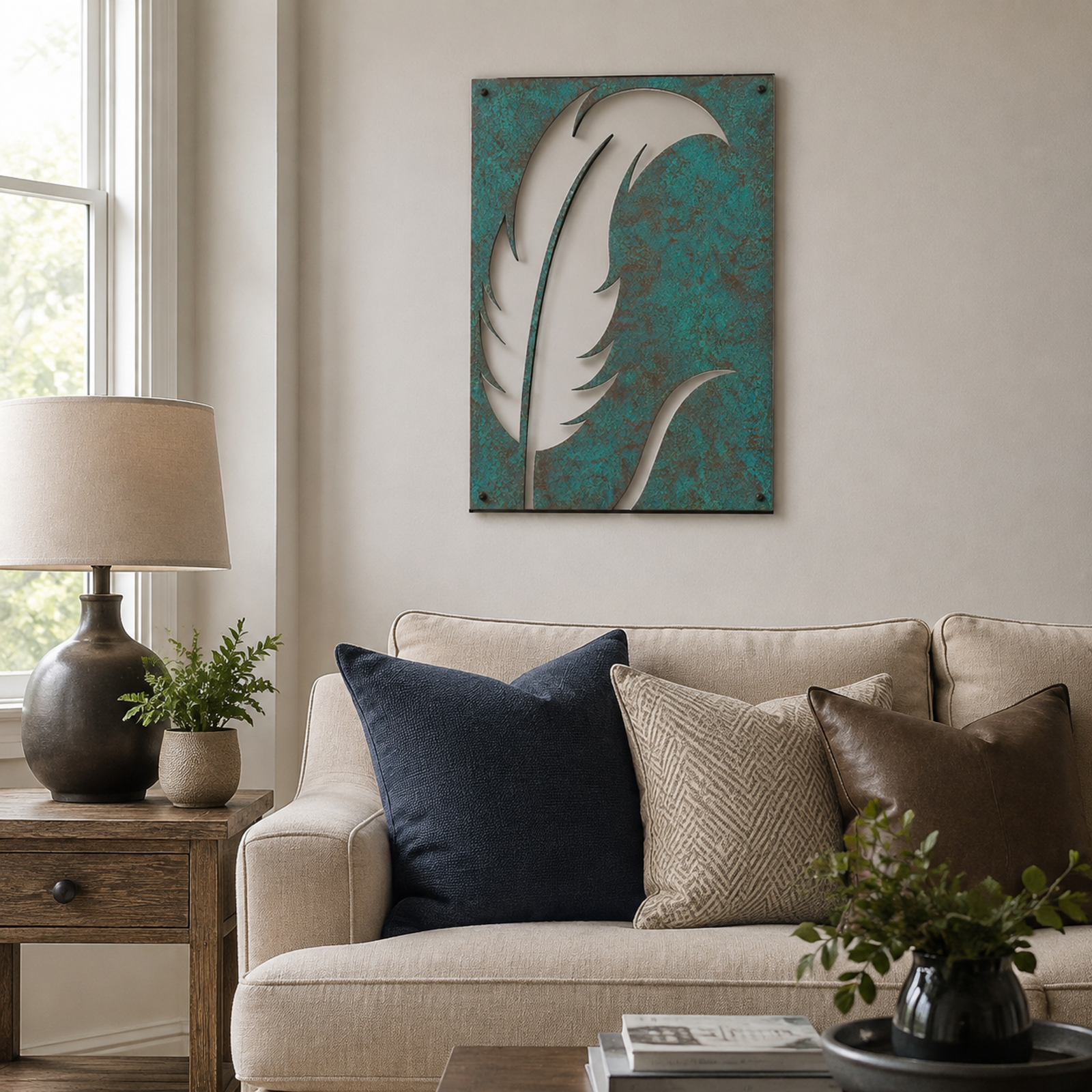 Turquoise Feather Cutout Wall Art, Verdigris Patina