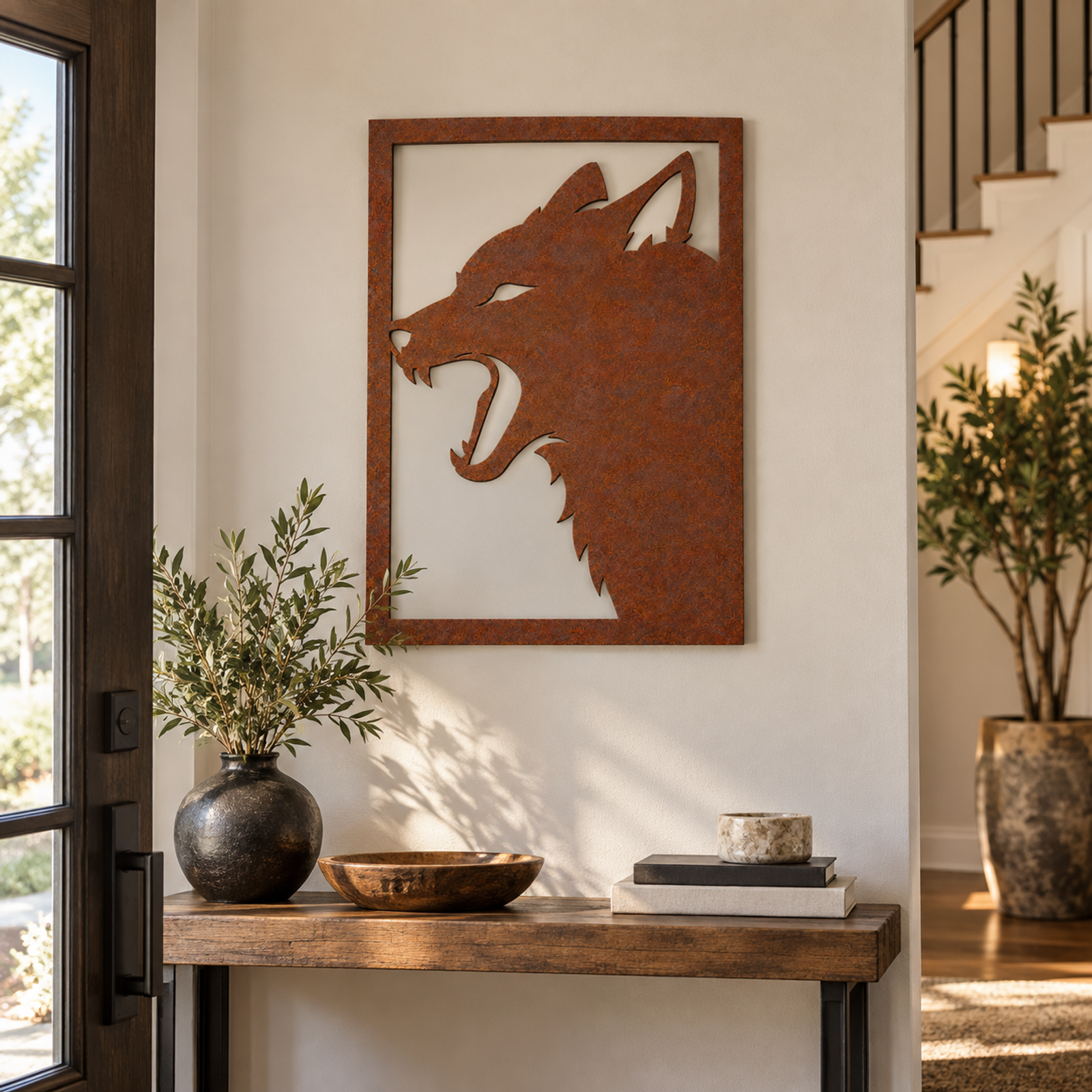 Vertical Howling Wolf Silhouette, Rust Patina 