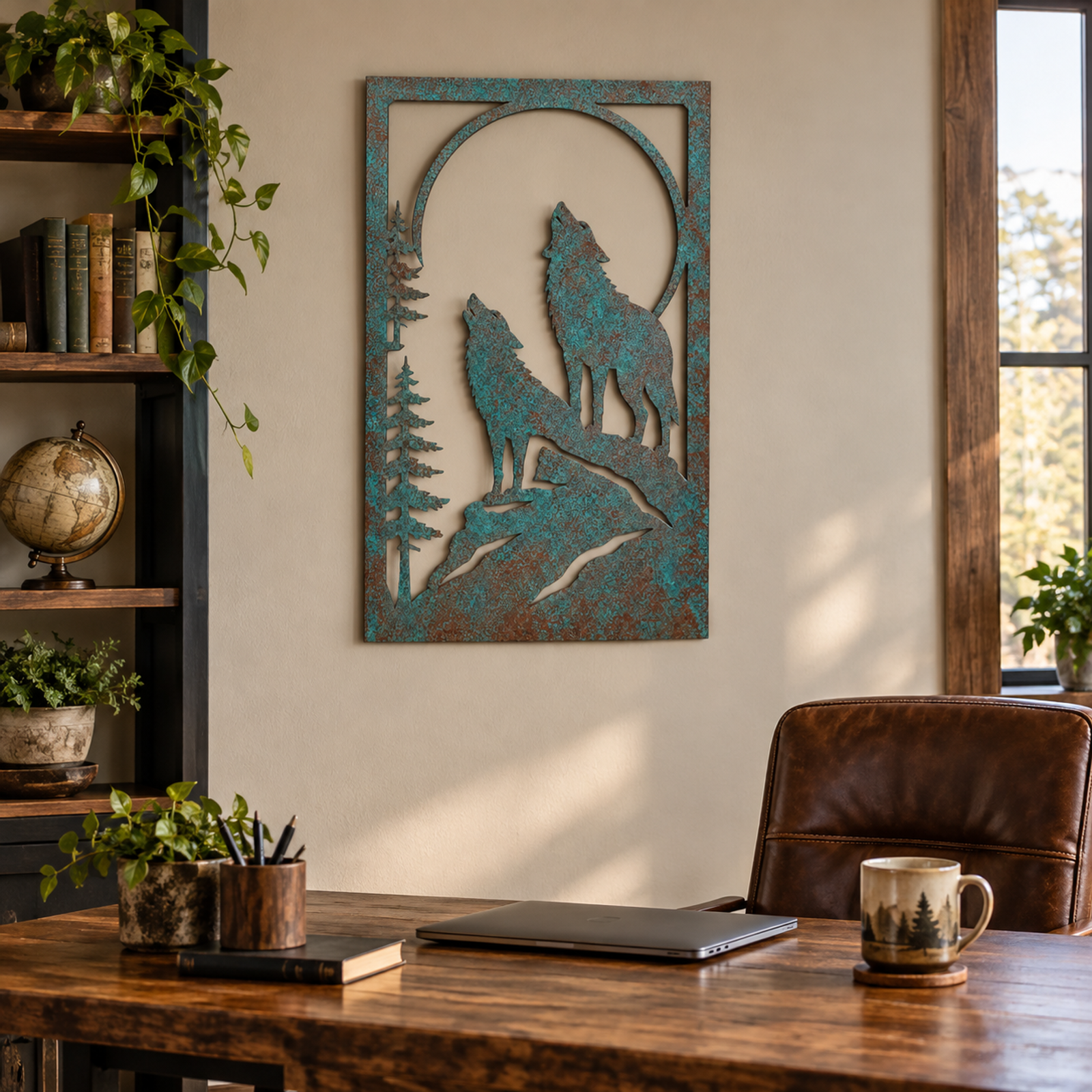 Vertical Patina Howling Wolves, Verdigris Patina