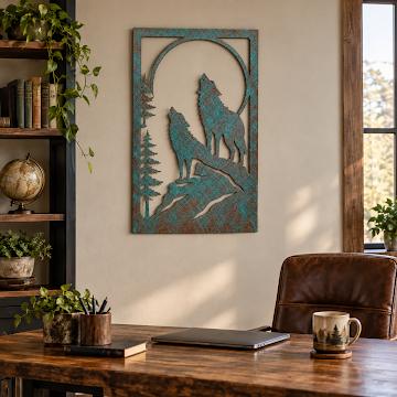 Vertical Patina Howling Wolves, Verdigris Patina