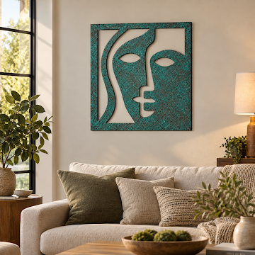 Turquoise Masked Faces, Verdigris Patina