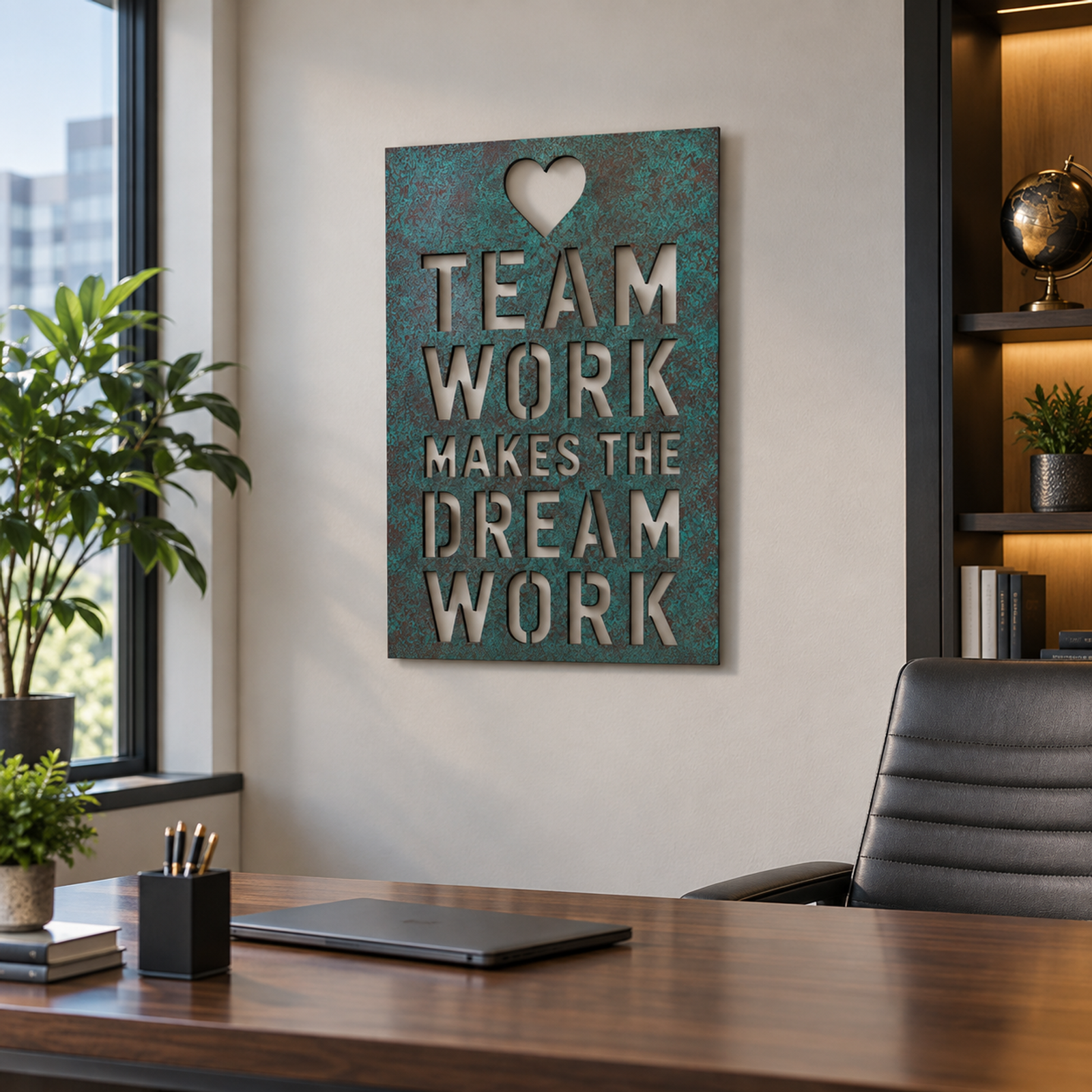 Teamwork Dream Typography Art, Verdigris Patina 