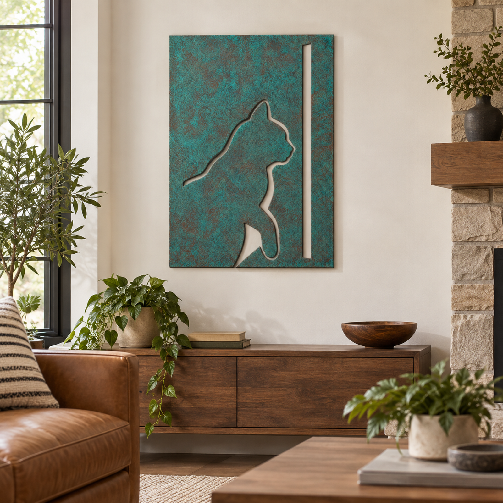 Patina Cat Silhouette Panel, Verdigris Patina