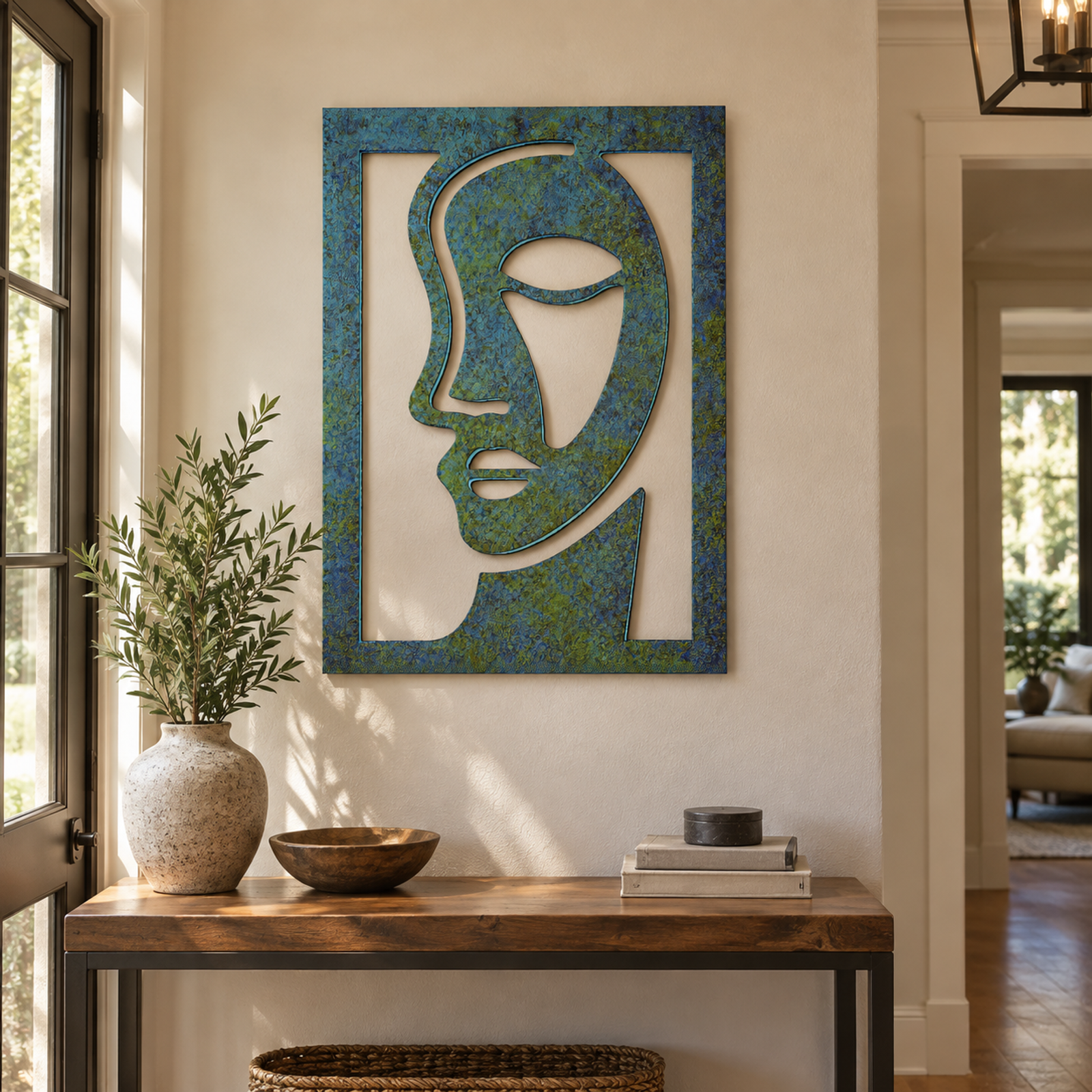 Blue Abstract Face Portrait, Verdigris Patina